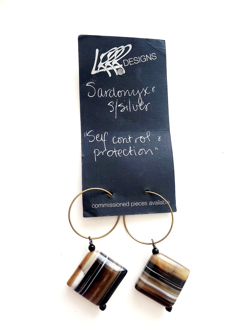 Gold Hoop Earrings with Brown & Cream Striped Sardonyx Drops by